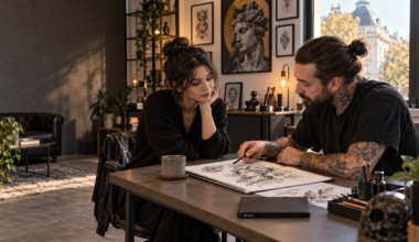 Artist tatuator și client discută o schiță personalizată înaintea unei estimări pentru tatuaj în București.