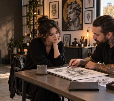 Artist tatuator și client discută o schiță personalizată înaintea unei estimări pentru tatuaj în București.